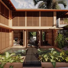 A render of the Morjim Villas in Goa, showcasing the entry to a rammed earth villa through a tranquil lotus pond. This biophilic design element creates a serene arrival experience.