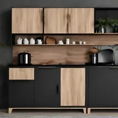 We also design complementary furniture like this modern crockery unit. It combines closed cabinets with open shelving, allowing you to display your best dinnerware while keeping other items neatly stored away.