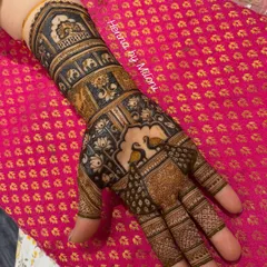 This elegant design was for the bride's mom. It features beautiful peacocks perched in a jharokha, surrounded by lotus and elephant patterns, fit for royalty.