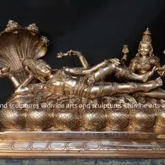 We were inspired to create this unique sculpture of Lord Ranganathar, a form of Vishnu in repose, resting upon the serpent Adishesha. This 22-inch long Panchaloha piece captures a moment of cosmic tranquility and divine grace, a testament to the narrative power of Chola bronze art.