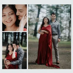 A photo collage capturing the warm, intimate moments of a couple's pre-wedding shoot in a forest setting, highlighting their smiles and gentle embraces.