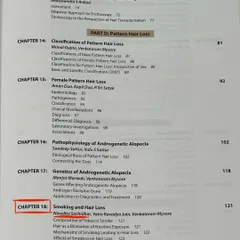 The table of contents from the "Hair Transplantation" textbook, highlighting my chapter, number 18, which focuses specifically on the connection between smoking and hair loss.