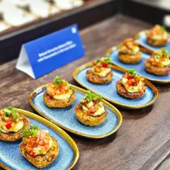 Baked sweet potato slices topped with avocado and a fresh salsa. This healthy, gluten-free canapé was a huge hit at the Birkenstock event, proving that delicious party food can also be wholesome.