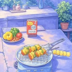 An AI-generated scene in the style of Studio Ghibli, showing an outdoor kitchen setup for a barbecue shoot. This image captures the dreamy, animated aesthetic we love, blending our passion for food styling with a touch of cinematic magic.