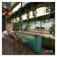 A concept for a sophisticated rooftop terrace, featuring a stylish outdoor bar with an elegant fluted green base. The design includes a wooden deck and cascading overhead planters to create a chic, green canopy.