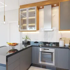 This 3D kitchen design combines dark grey cabinets with wood-framed glass uppers for a sophisticated contrast. The layout includes a sleek chimney, built-in oven, and a glossy black countertop, demonstrating a modern and functional kitchen workspace.