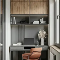 This compact study area is perfect for a small nook. It combines grey and wood-grain finishes for a sophisticated look, with overhead cabinets and open shelving for storage.