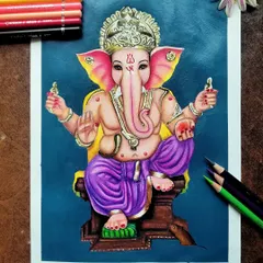 Another angle of the completed Ganesha drawing, showing the rich colors and textures achieved with Brustro artists' colored pencils on Bristol smooth paper.