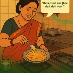 This illustration captures a familiar scene: a mother lovingly adding a spoonful of ghee to a paratha, saying "Beta, isme aur ghee daal deti hoon" (Son, let me add more ghee to this). Ghee is a staple in Indian kitchens, known for its high smoke point and nutritional benefits, making it a healthy fat for cooking.
