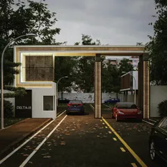 A 3D rendered sketch of a proposed entrance gate design. This nighttime view highlights the integrated lighting within the perforated panels and pillars, showing how the structure will look after dark.