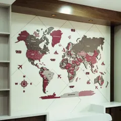 This 3D Americano wooden world map features a sophisticated color palette of reds and greys. Handcrafted from high-quality wood, it's a unique and stylish way to showcase your love for travel.