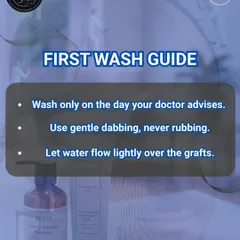 Post-transplant care tip 2: First wash guide. Only wash on the day your doctor advises, using a gentle dabbing motion and letting water flow lightly over the grafts.