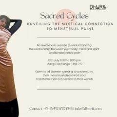 The "Sacred Cycles" awareness session is the first step toward transforming your connection with your womb. This poster invites you to an evening of understanding the mystical link between your body, mind, and spirit to alleviate period pain.