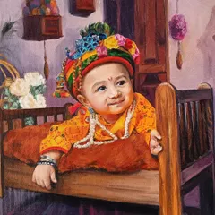 A charming portrait of a baby dressed as little Kanha. These themed portraits for children are so much fun to create and make for wonderful memories.