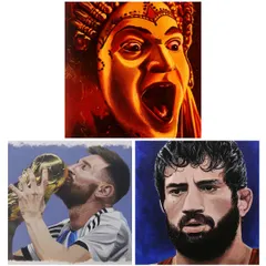 A collage of my top three favorite paintings from 2023. This includes the 'Kantara' piece, the Messi portrait, and the Ravi Dahiya painting.