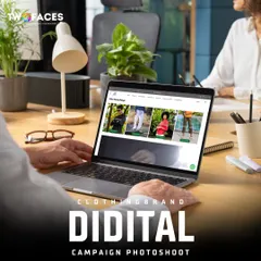 A laptop displaying a fashion e-commerce website with diverse models and styles. Our photography helps brands showcase their range and appeal to a broad customer base.
