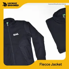 A sleek, black fleece jacket customized for 'Grid.' This is a great example of our outerwear options, perfect for corporate branding or keeping your team warm.