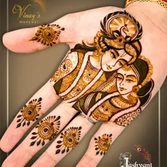 A close-up of a Radha Krishna portrait, demonstrating the fine lines and shading techniques I teach. This level of detail is essential for creating impactful figure work on the palm.