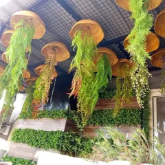 A creative outdoor ceiling treatment using woven hats as planters for cascading artificial ferns. This unique design adds a rustic and whimsical touch to the space.