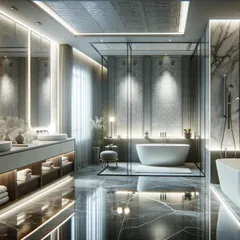 This design uses dramatic, dark marble floors and intricate wall panels to create a moody and sophisticated atmosphere. The under-vanity and ceiling cove lighting add layers of warm, ambient light.