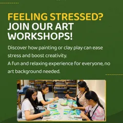 A promotional graphic inviting you to join my art workshops if you're feeling stressed, promising a fun and relaxing experience with no background needed.