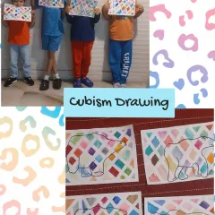 A collage showcasing the cubism drawings from our Arctic Habitat theme. The boys proudly display their unique artworks, which were inspired by our discussion on polar animals and their environment.