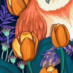 A close-up on the details of the owl's feathers and the surrounding tulips. I spend a lot of time on the texture and color to make the image feel rich and alive.