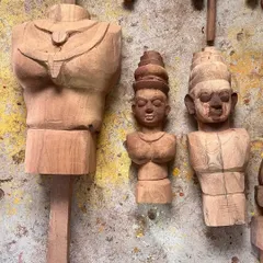We work closely with local artisans to integrate traditional crafts into our contemporary designs. These wooden figures are prototypes being developed with craftsmen in Hampi for an upcoming project.