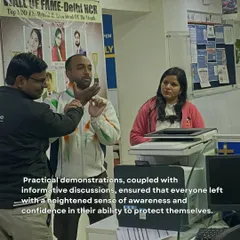 Practical demonstrations are key. In this session at Bharti AXA, we simulate a common scenario to teach effective blocking and counter-moves, ensuring every participant understands the application.