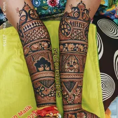 A highly detailed and intricate leg design for a bride. This artwork features majestic peacocks, swans, and lotus flowers, with bands of geometric patterns creating a rich, tapestry-like effect.