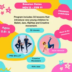 An overview of our Pre Schoolers Program. We offer 32 lessons covering Pre-Ballet, Creative Movement, and Kids Jazz, designed to develop fundamental skills in our youngest students.