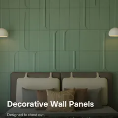 Decorative wall panels are designed to stand out. These geometric panels in a soothing green create a unique and stylish headboard, adding a touch of modern elegance to the bedroom.