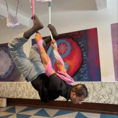 Every body can benefit from inversions. Here, we see how the hammock can be adjusted to provide the right amount of support for a deep, restorative spinal stretch.