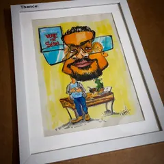 A framed caricature ready to be gifted at a corporate event. These make for fantastic and memorable presents for employees or clients.