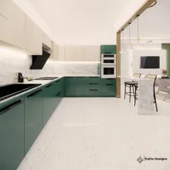A functional kitchen is the heart of the home, and this design proves it can also be stylish. I paired bold green cabinetry with light wood uppers and a classic marble-patterned countertop and backsplash, creating an open, efficient, and beautiful cooking space.