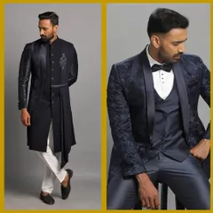 More blue looks, from a designer Indo-Western to an embroidered tuxedo. The options are endless.