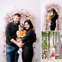 A collage showcasing the love of a family. From a formal portrait against a floral arch to a candid outdoor moment, I capture your family's story from all angles.
