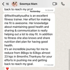 A heartfelt message from our client Sowmya, who lost 23 kgs in 8 months. Her words highlight our approach of combining fitness with practical nutrition guidance and constant support.