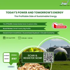 This graphic for our "Profitable Side of Sustainable Energy" webinar focuses on the Bio-CNG opportunity. It showcases a biogas plant and biomass pellets, illustrating how we help you turn waste into a circular economy business with guaranteed buyback options.