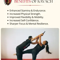 This graphic shows a knife defense and lists the benefits of Kavach training. It goes beyond self-defense to improve stamina, strength, flexibility, and mental resilience.