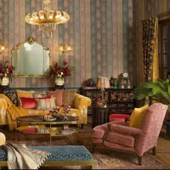 Another maximalist interior featuring Sabyasachi's designs. The vibrant colors and bold patterns on the furniture and walls create a world of timeless glamour.