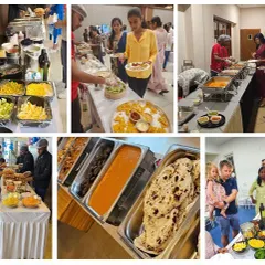 This collage captures the essence of our catering service. It shows our extensive buffet spreads, interactive live counters, and happy guests enjoying their meals.