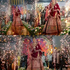 A collage showcasing the bride's spectacular entrance. Surrounded by an aisle of flowers and brilliant sparklers, this is a truly cinematic wedding moment. We focus on capturing the scale and energy of your grand entrance, ensuring it looks as magical as it feels.