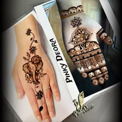 I am an artist who creates magic on hands. This image showcases two different styles, one a delicate floral elephant vine and the other a heavy, traditional design with multiple elephant motifs.