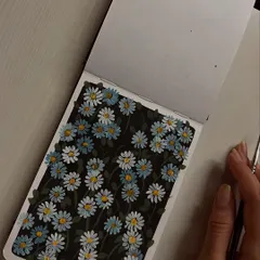 A detailed gouache painting of a field of daisies.