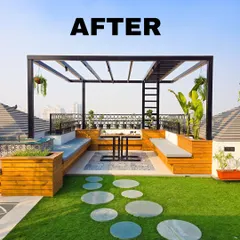This after shot shows a modern black pergola with built-in wooden bench seating, maximizing space and creating a perfect spot for entertaining. The design includes planters and a ladder detail for hanging lights or plants.