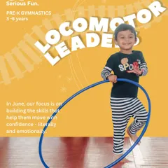 Part of our "Locomotor Leaders" series for Pre-K gymnasts. These images show children using hula hoops, balance beams, and crawling through tunnels to build skills like running, jumping, and skipping with confidence.