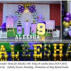 This lavender princess theme for Aleesha's 9th birthday features a beautiful balloon arch and themed pedestals. The large light-up letters and number "9" make a bold statement for the birthday girl.