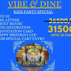 A special offer on my Kids Party package. For up to 35 guests, the package includes a live DJ, foil letters, Mickey Mouse, ring decoration, e-invitation, and a special cart entry at a discounted price.