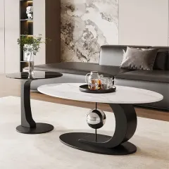 For a bolder, more contemporary look, this center table set comes in a black finish with a chrome sphere, paired with a matching side table.